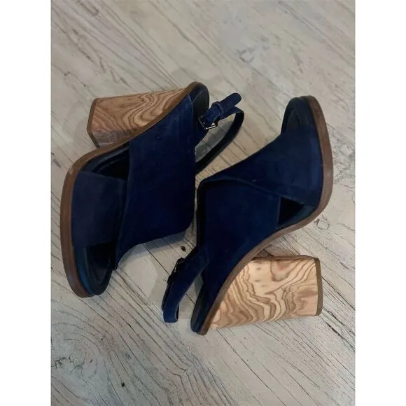 Vince Women's Helena Blue Suede Crisscross Slingback Sandals Size 8.5 Block Heel