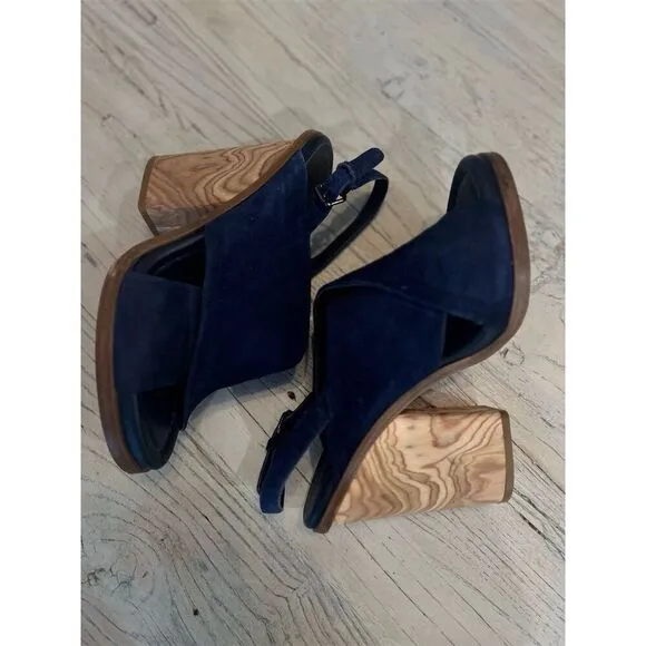 Vince Women's Helena Blue Suede Crisscross Slingback Sandals Size 8.5 Block Heel
