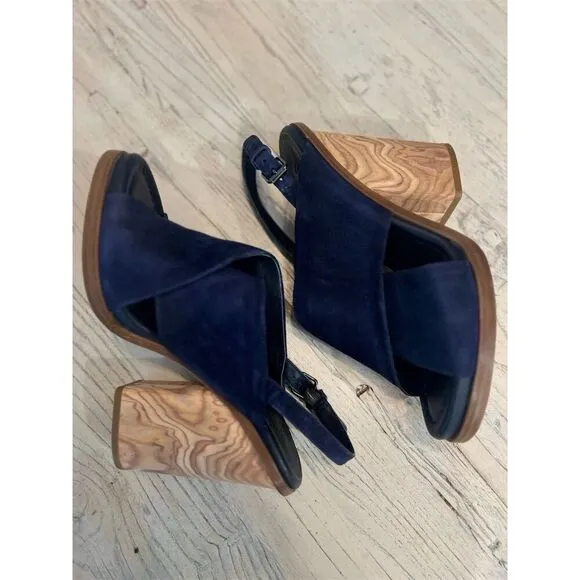 Vince Women's Helena Blue Suede Crisscross Slingback Sandals Size 8.5 Block Heel