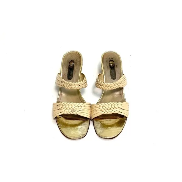 Vintage 1970s ivory leather strapped wedge disco sandals