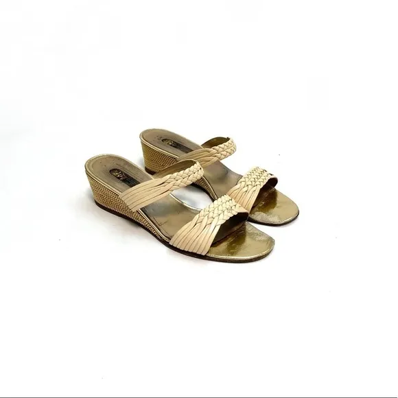 Vintage 1970s ivory leather strapped wedge disco sandals