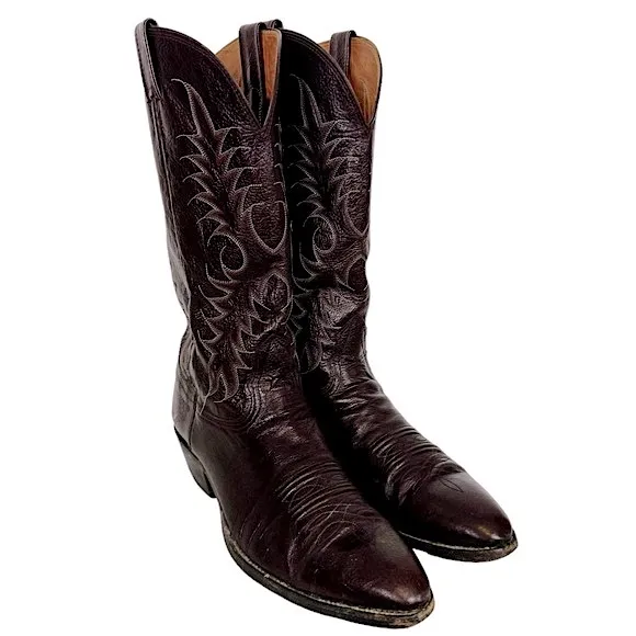 VINTAGE 90’s Nocona Black Cherry Pig Leather Western Cowboy Boots 3011-30-403