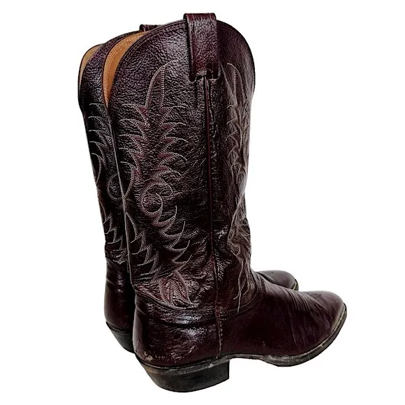 VINTAGE 90’s Nocona Black Cherry Pig Leather Western Cowboy Boots 3011-30-403