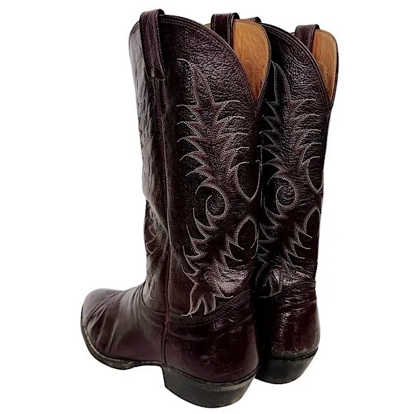 VINTAGE 90’s Nocona Black Cherry Pig Leather Western Cowboy Boots 3011-30-403