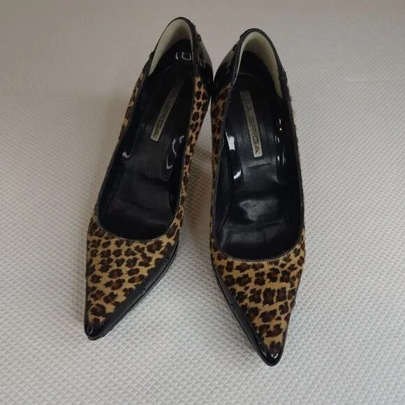 Vintage 90s Via Spiga Shoes Pumps Heels Leopard 7.5 Black Patent Leather Studded