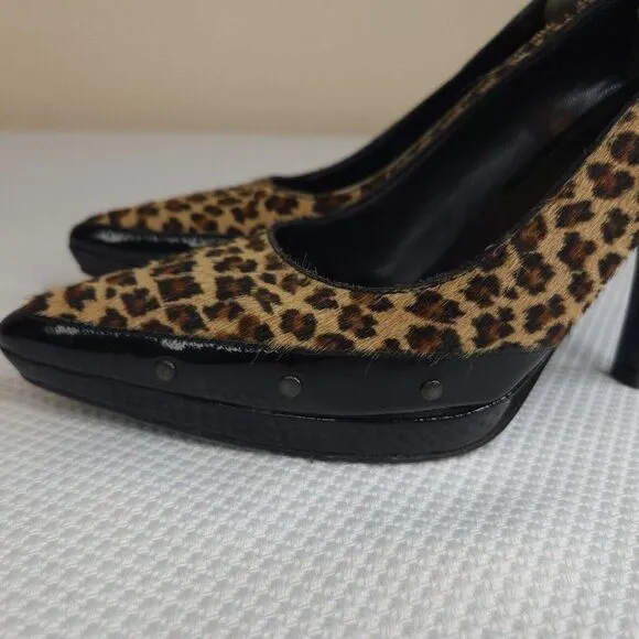 Vintage 90s Via Spiga Shoes Pumps Heels Leopard 7.5 Black Patent Leather Studded