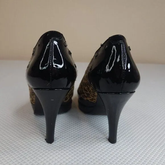 Vintage 90s Via Spiga Shoes Pumps Heels Leopard 7.5 Black Patent Leather Studded