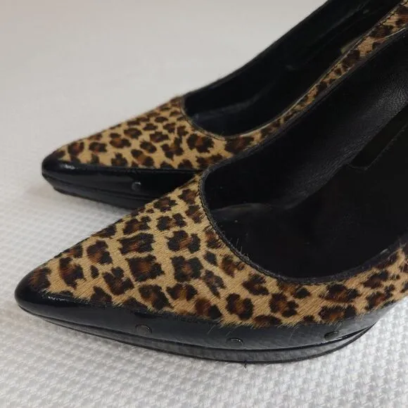 Vintage 90s Via Spiga Shoes Pumps Heels Leopard 7.5 Black Patent Leather Studded