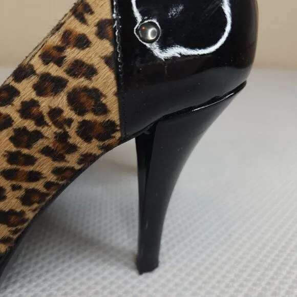 Vintage 90s Via Spiga Shoes Pumps Heels Leopard 7.5 Black Patent Leather Studded