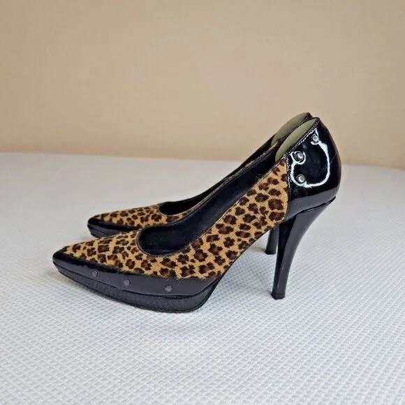 Vintage 90s Via Spiga Shoes Pumps Heels Leopard 7.5 Black Patent Leather Studded