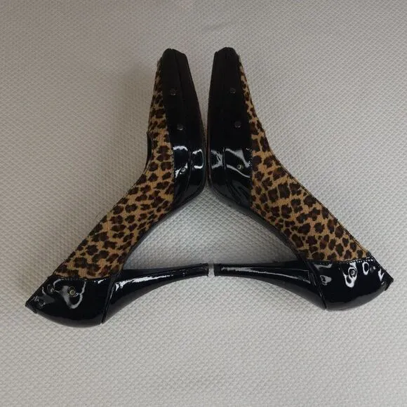 Vintage 90s Via Spiga Shoes Pumps Heels Leopard 7.5 Black Patent Leather Studded