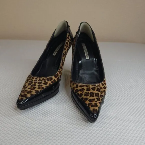 Vintage 90s Via Spiga Shoes Pumps Heels Leopard 7.5 Black Patent Leather Studded