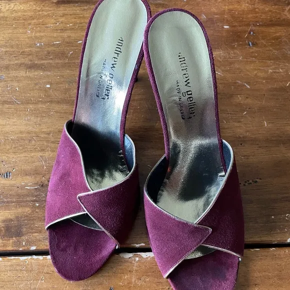 Vintage Andrew Geller Suede Peep Toe Heels Pumps Purple Bordeaux Sz 8 Greece
