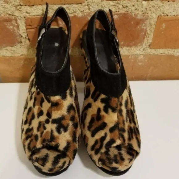 VINTAGE CHEETAH FAUX FUR HEELS SEXY PIN UP RETRO ANIMAL PRINT LEOPARD PLATFORMS