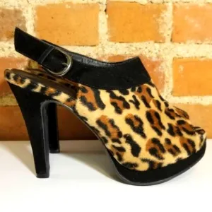 VINTAGE CHEETAH FAUX FUR HEELS SEXY PIN UP RETRO ANIMAL PRINT LEOPARD PLATFORMS