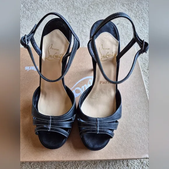 Vintage Christian Louboutin Black Leather Ankle Strap High Heel Sandal Size 35.5