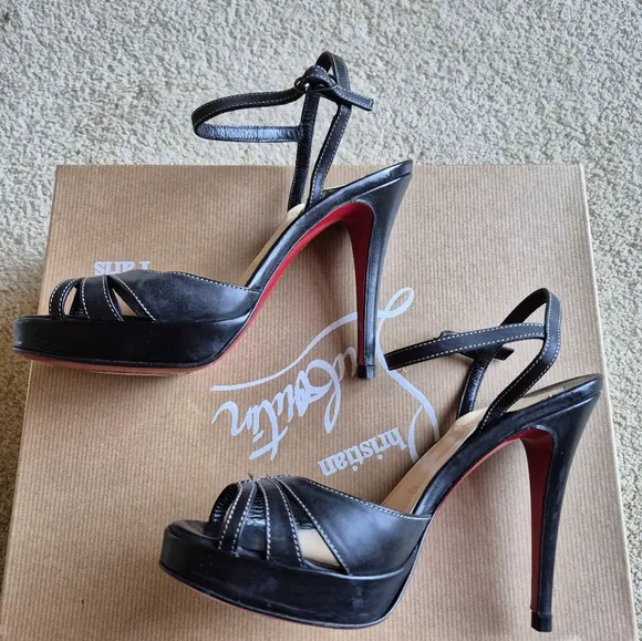 Vintage Christian Louboutin Black Leather Ankle Strap High Heel Sandal Size 35.5