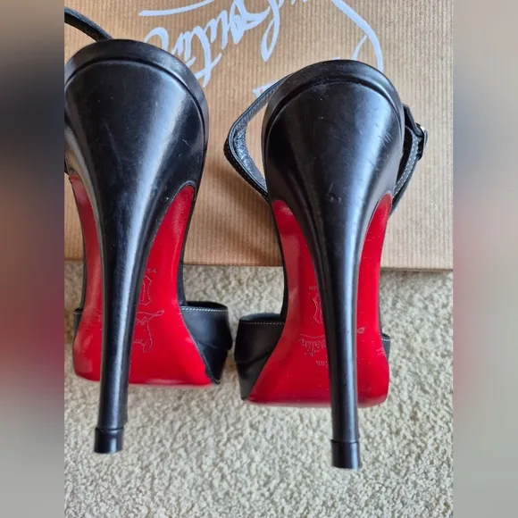 Vintage Christian Louboutin Black Leather Ankle Strap High Heel Sandal Size 35.5