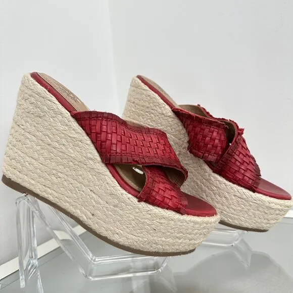 Vintage Foundry Lorie Sz 6 Wedge Espadrille Platform Red Leather Sandals Heels