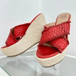 Vintage Foundry Lorie Sz 6 Wedge Espadrille Platform Red Leather Sandals Heels