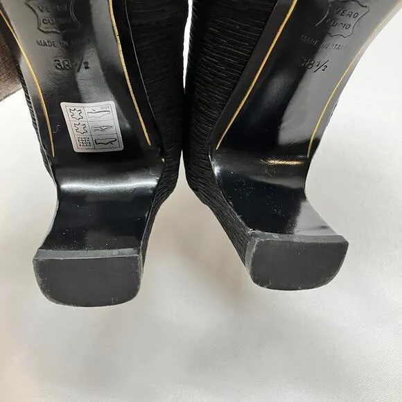 Vintage Giorgio Armani Black Ruched Square Toe Block Heel Pumps Women's 38.5