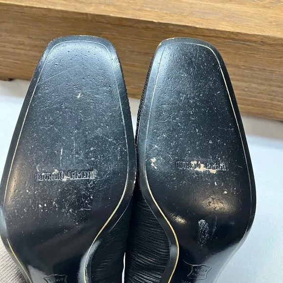 Vintage Giorgio Armani Black Ruched Square Toe Block Heel Pumps Women's 38.5