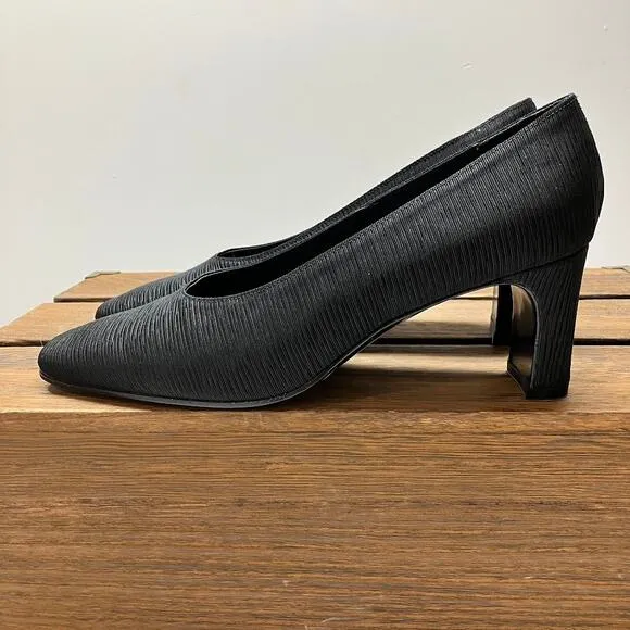 Vintage Giorgio Armani Black Ruched Square Toe Block Heel Pumps Women's 38.5