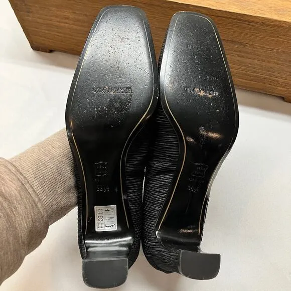 Vintage Giorgio Armani Black Ruched Square Toe Block Heel Pumps Women's 38.5