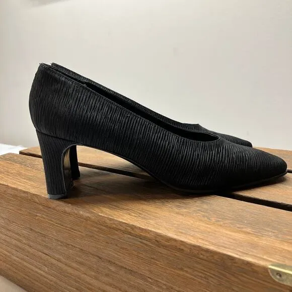Vintage Giorgio Armani Black Ruched Square Toe Block Heel Pumps Women's 38.5
