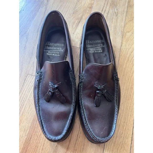 Vintage Hanover Moccasin Shoes Mens 10 E/C Handsewn USA Burgundy Loafers Leather
