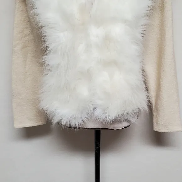 Vintage Lisa International Ivory Boiled Wool White Faux Fur Trim Cardigan Jacket