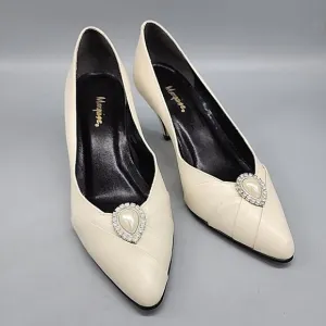 Vintage Marquise Wedding Heels Pumps Size 6 Ivory Rhinestones Leather