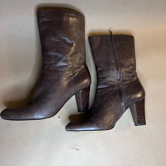 Vintage Nine West Genuine Leather Chocolate Brown Block Heel Zip Boots 9.5 M