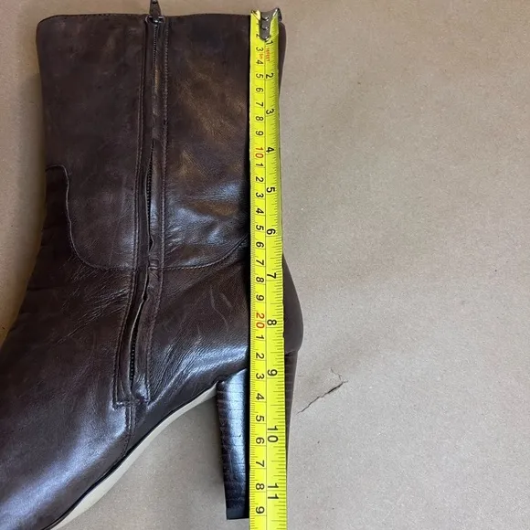 Vintage Nine West Genuine Leather Chocolate Brown Block Heel Zip Boots 9.5 M