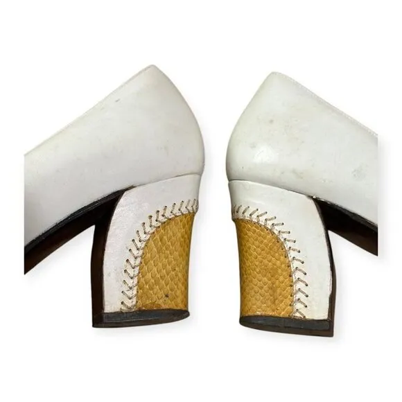 Vintage Rosina Ferragamo Schiavone Heeled Loafer Pumps,  Size 5.5, White Yellow