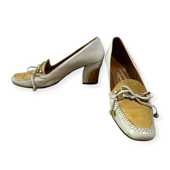 Vintage Rosina Ferragamo Schiavone Heeled Loafer Pumps,  Size 5.5, White Yellow