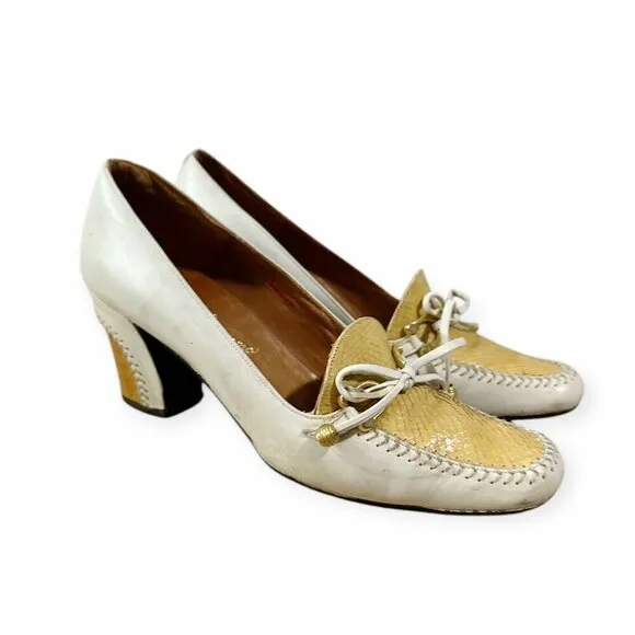 Vintage Rosina Ferragamo Schiavone Heeled Loafer Pumps,  Size 5.5, White Yellow
