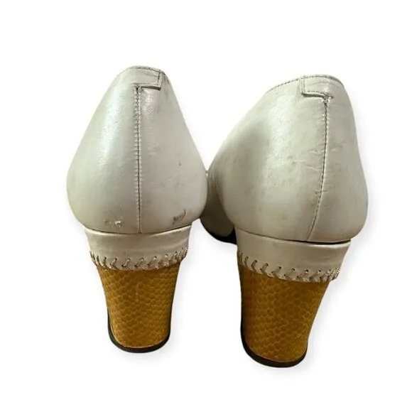 Vintage Rosina Ferragamo Schiavone Heeled Loafer Pumps,  Size 5.5, White Yellow