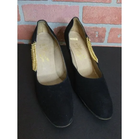 Vintage Rosina Ferragamo Schiavone Womens Suede Shoes Heels Pumps Black Size 8AA