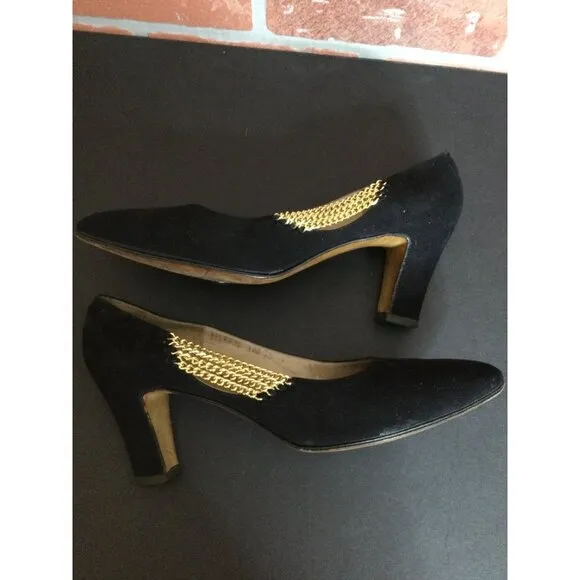 Vintage Rosina Ferragamo Schiavone Womens Suede Shoes Heels Pumps Black Size 8AA