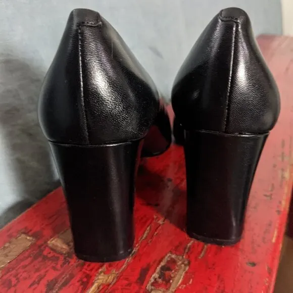 VINTAGE SRO Black Leather Pumps Block Heel 8