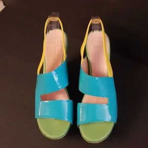 Vintage Versace cork wedge, green, yellow and turquoise sandals  size 40.