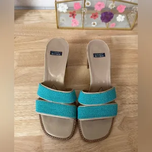 Vintage Y2K Stuart Weitzman Turquoise Beaded Block Heel Sandals Size 6 Coastal