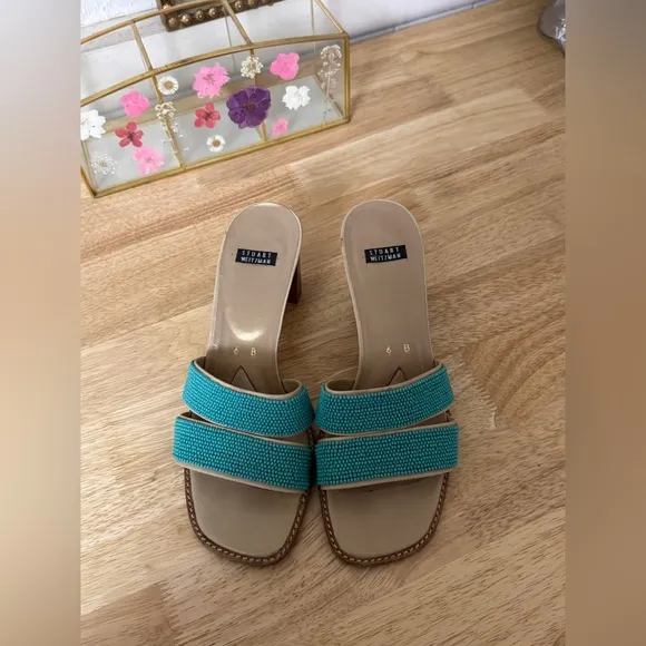 Vintage Y2K Stuart Weitzman Turquoise Beaded Block Heel Sandals Size 6 Coastal