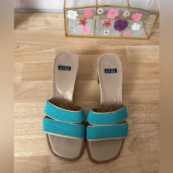 Vintage Y2K Stuart Weitzman Turquoise Beaded Block Heel Sandals Size 6 Coastal