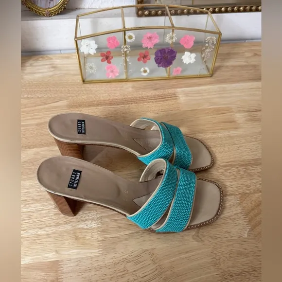 Vintage Y2K Stuart Weitzman Turquoise Beaded Block Heel Sandals Size 6 Coastal