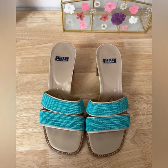Vintage Y2K Stuart Weitzman Turquoise Beaded Block Heel Sandals Size 6 Coastal