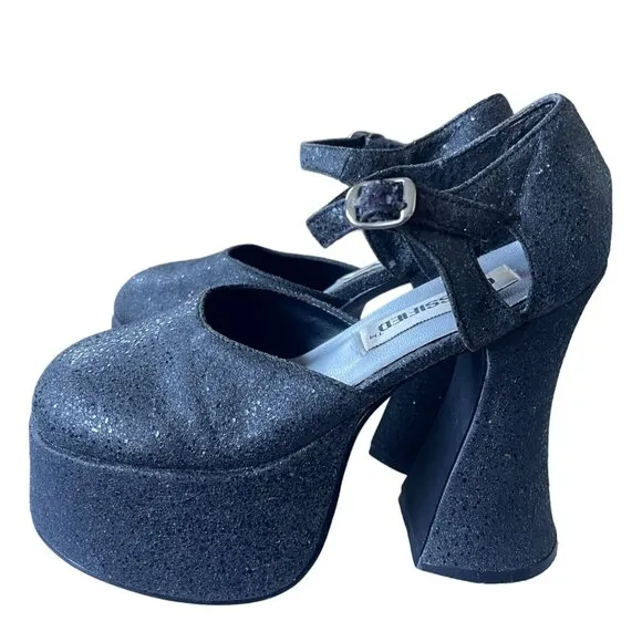 Vintage Y2K Womans 5.5 Platform SHIMMER Sandals Round Toe Block Heel Black 1990s