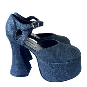 Vintage Y2K Womans 5.5 Platform SHIMMER Sandals Round Toe Block Heel Black 1990s