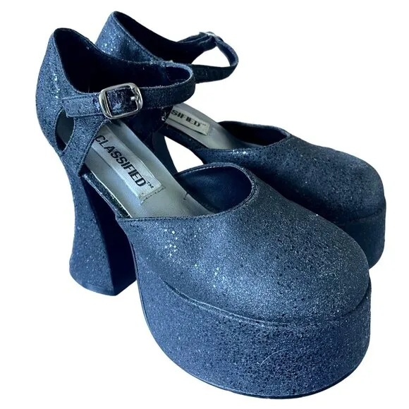 Vintage Y2K Womans 5.5 Platform SHIMMER Sandals Round Toe Block Heel Black 1990s
